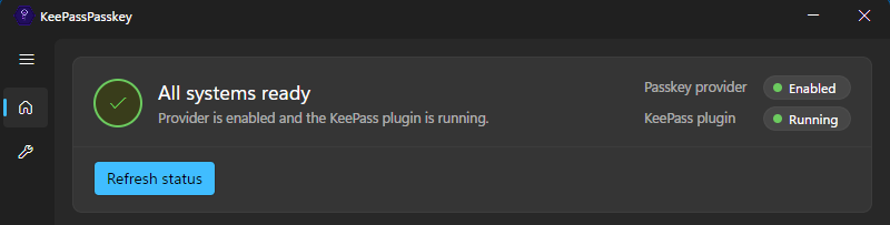 KeePassPasskey app showing both status indicators green