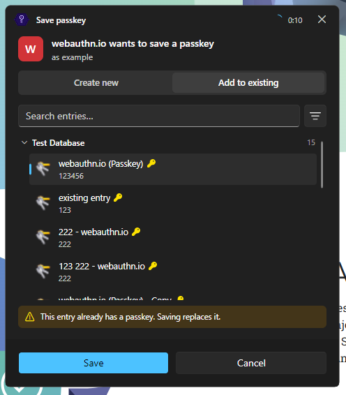 KeePassPasskey dialog on Add to existing, listing matching entries with the search box, the filter button and the replace warning