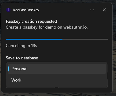 KeePassPasskey dialog for selecting which open KeePass database to save the passkey to