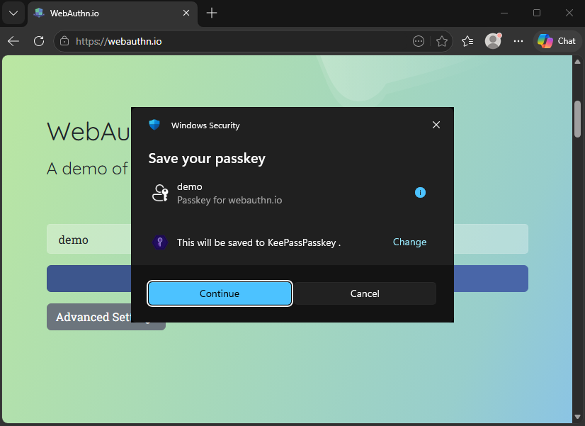 Windows Save your passkey dialog showing the destination with the Change button