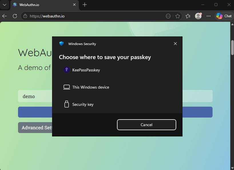 Windows passkey provider list with KeePassPasskey selected