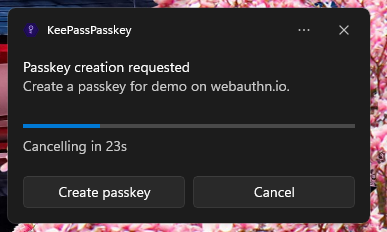 KeePassPasskey notification with "Passkey creation requested" and the Create passkey button