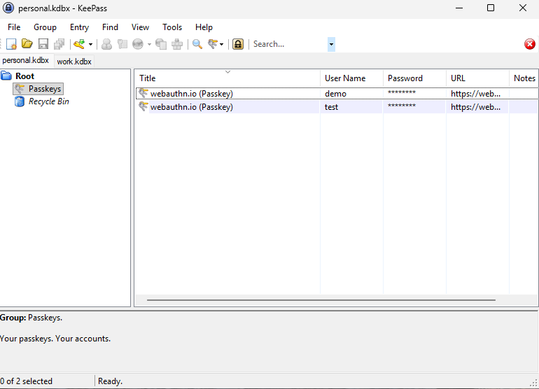 KeePass database showing the newly created passkey entry in the Passkeys group