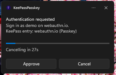 KeePassPasskey notification with "Authentication requested" and the Approve button