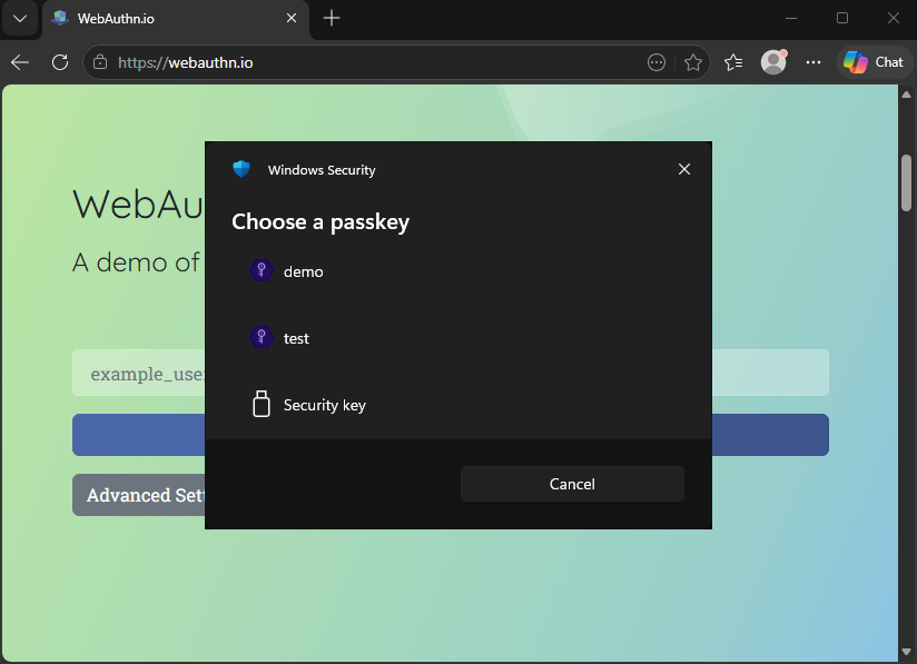 Windows passkey selection showing multiple saved passkeys for a site